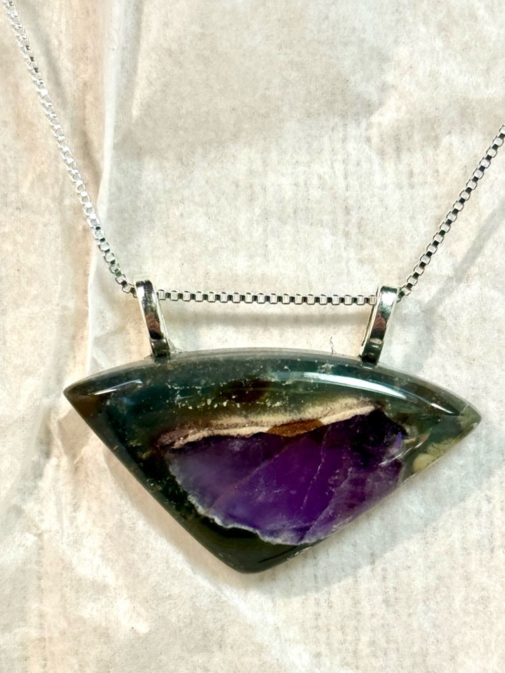 Natural Amethyst Slice Pendant Necklace - Purple and Green, on SS Chain.